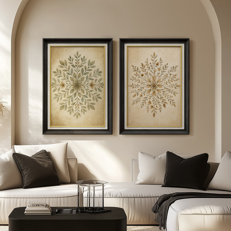 «Vintage Botanical Mandala Floral Symmetry», ensemble de 2 reproductions d'art encadrées sur papier 26 po x 36 po, Noir