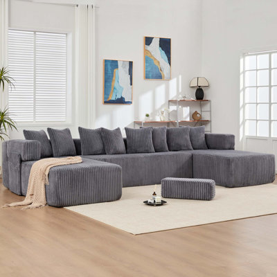 146 Inch U Shaped Sectional Sofa, Convertible Sleeper Couch With 8 Pillows, No Assembly, Oversized DIY Modular Design, Corduroy Fabric, Dark Gray