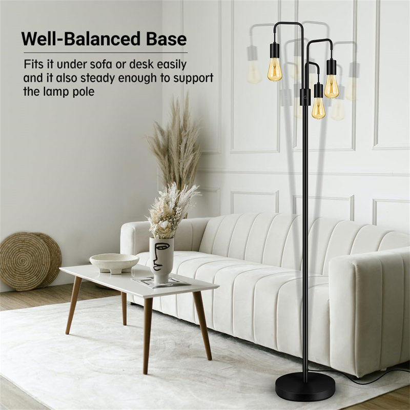 Black Industrial 3-Light Adjustable Floor Lamp with E26 Sockets