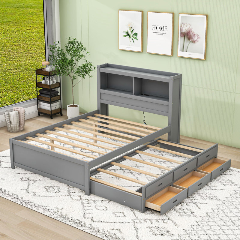 Dylahn Full-Size Modern Platform Bed with Twin Trundle, Drawers, and USB Ports, Gray