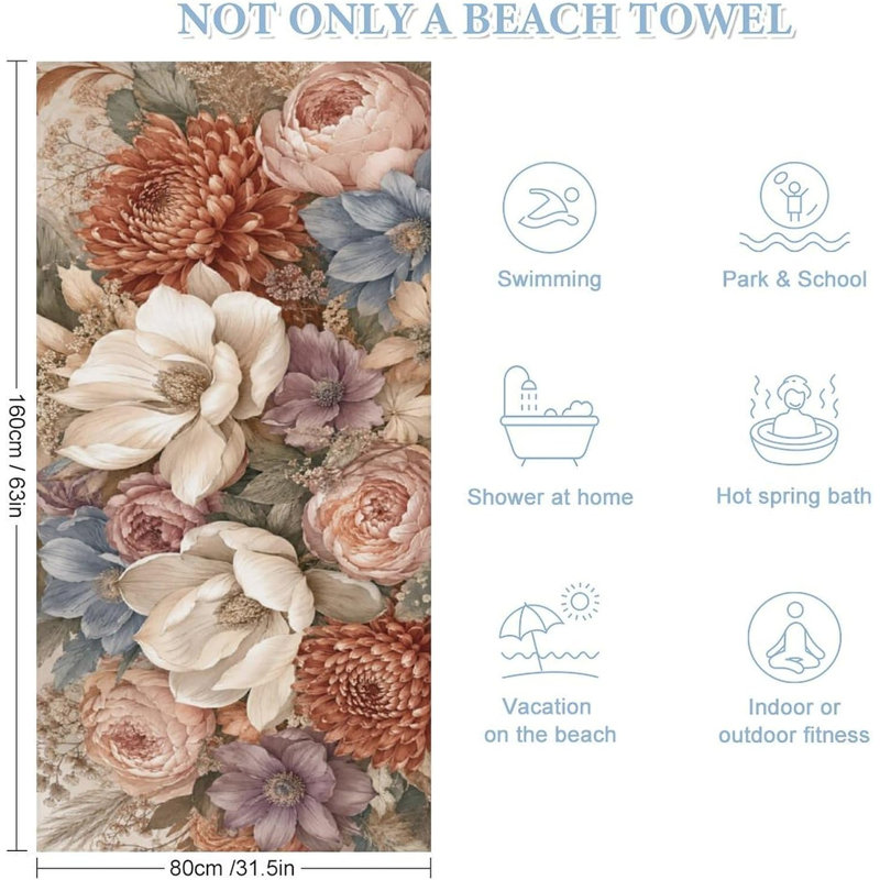 Serviette de plage surdimensionnée à motif floral vintage doux, serviette de bain absorbante et douce pour la plage, la piscine, la salle de bain, les voyages, la salle de sport et le camping, 81 x 160 cm
