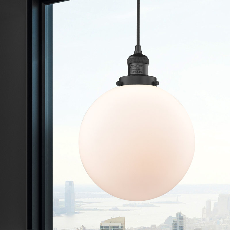 Luminaire suspendu sphère simple à 1 lumière Clermont, Blanc mat, Nickel poli, Ampoule incandescente rétro de 60 watts