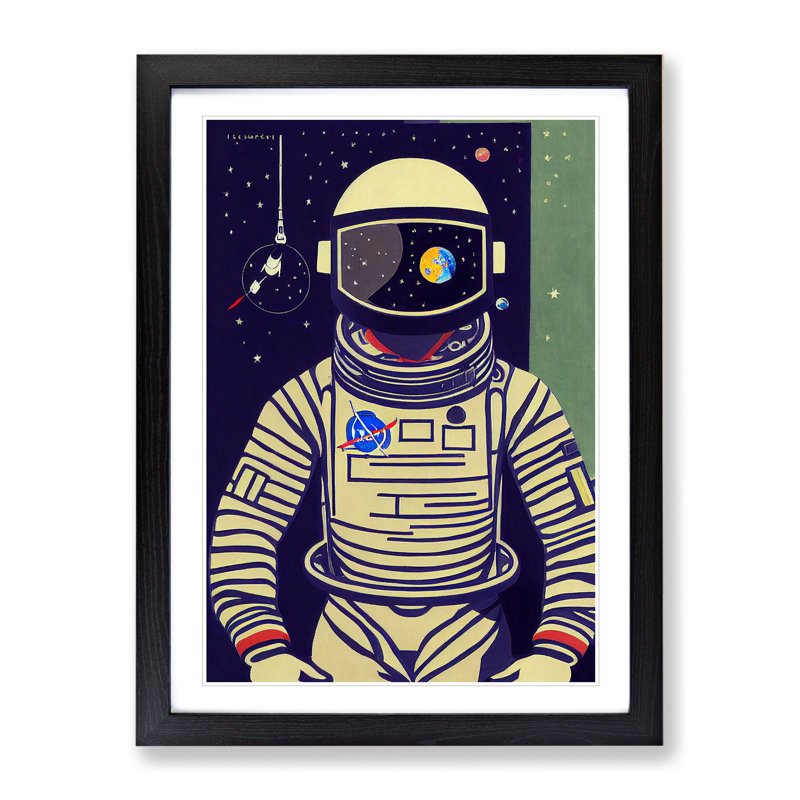 Retro Astronaut No.2 - Single Picture Frame Print, Black Framed, 64cm H x 46cm W x 2cm D