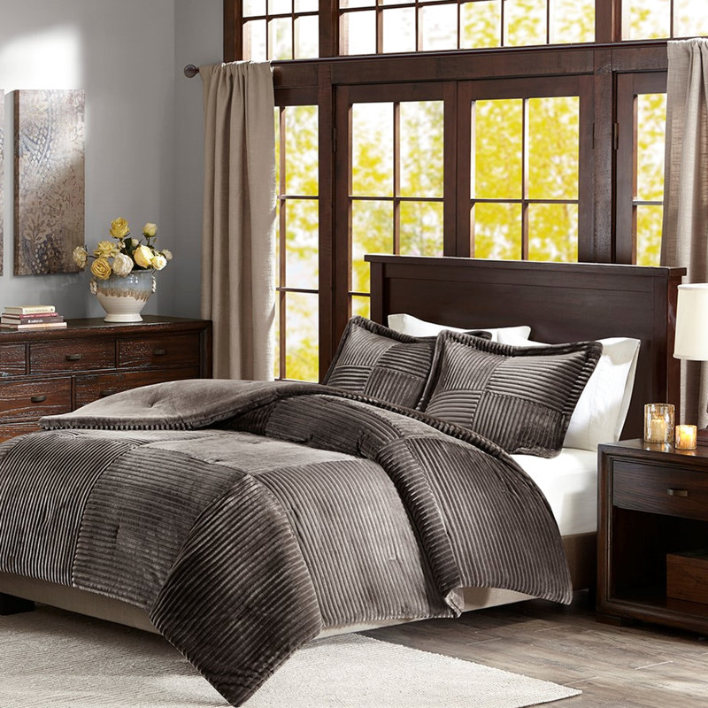 Édredon double / grand avec rembourrage en duvet synthétique, face nervurée pour embellir la chambre à coucher, revers uni pour les nuits douillettes, 1 et 2 taies décoratives, lavable à la machine, grand lit gris brun, décoration de chambre à coucher, qualité de sommeil,