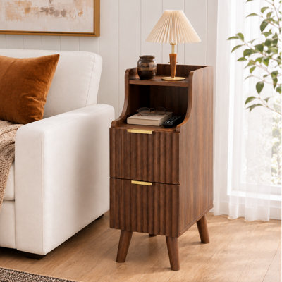 Table de chevet étroite 7,9 po avec tiroirs, table de chevet cannelée haute de 25,59 po, petite table de chevet en bois pour petits espaces, table d'appoint moderne et mince, table de chevet mince pour chambre