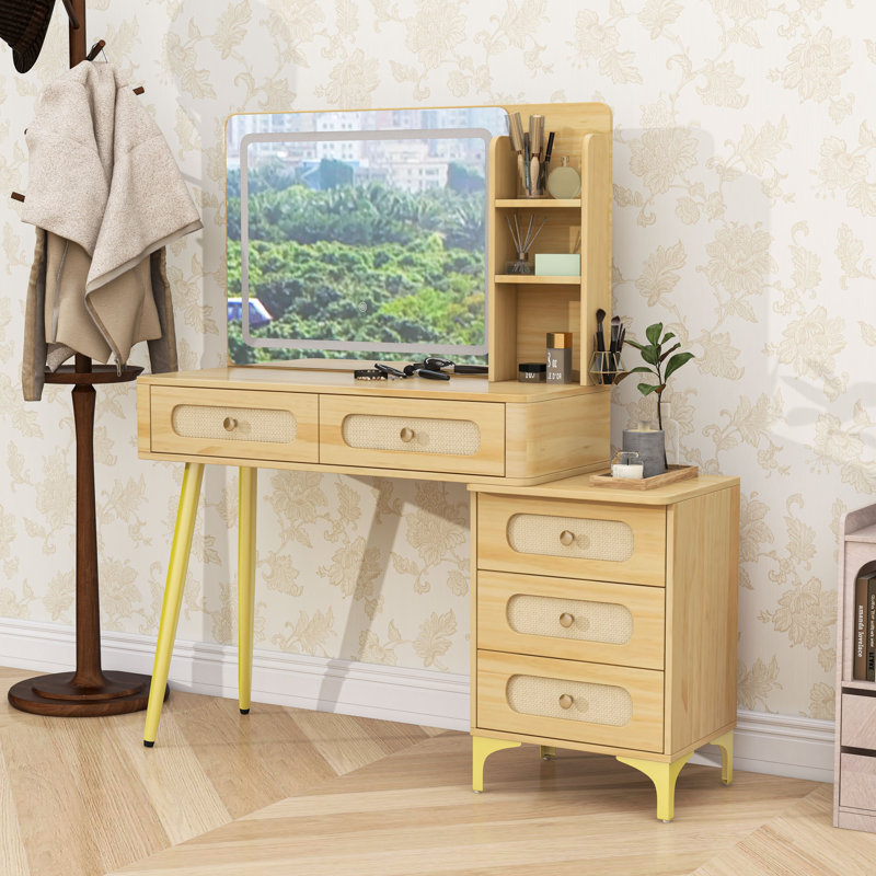 Makeup Vanity with Mirror, Lights, 5 Drawers and Storage Shelf, Walnut