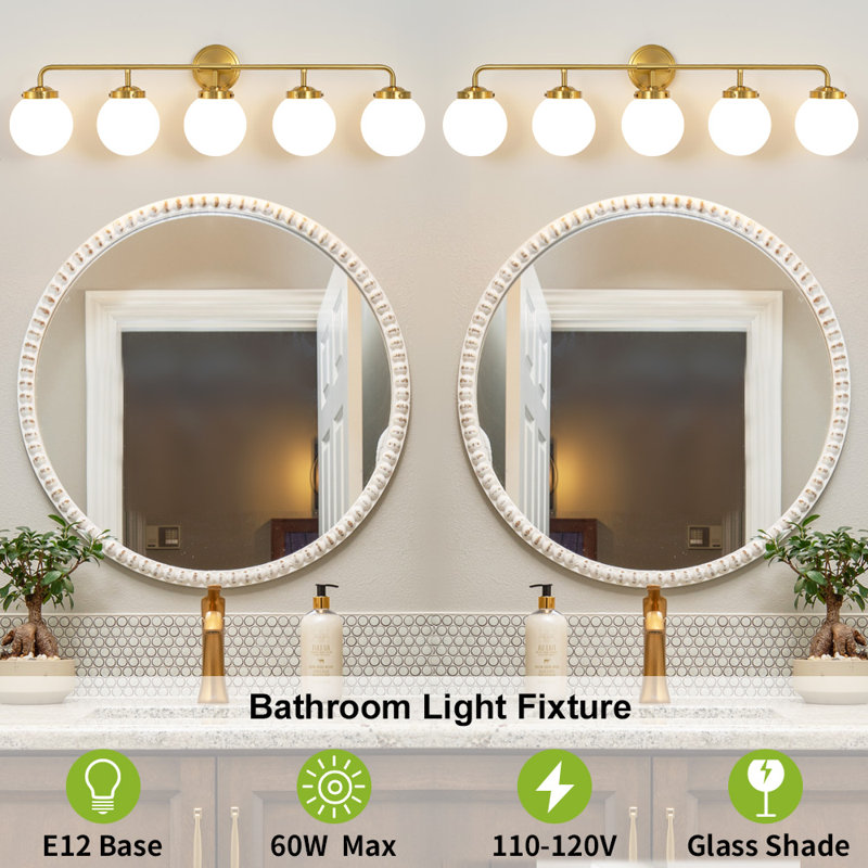 Gold 5-Light Dimmable Vanity Light with White Globe Shades