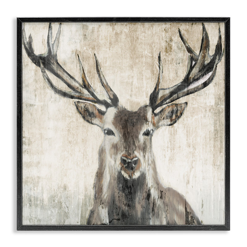 «Rustic Deer Elk Wildlife Portrait», estampe numérique par Liz Jardine, Giclée encadrée noir minuit, H 17 po x l 17 po