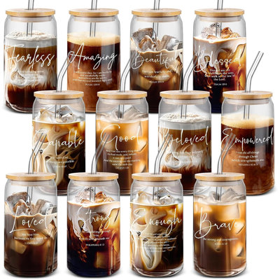 12 Pcs Christian Gift Bulk 16 oz Bible Glass Cups, ClassicGrandparents Day Reusable Bible Verse Glass Cup