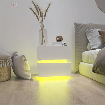 High Glossy 2-Drawer Bedside Table With RGB LED Light And Bluetooth Control For Modern Bedrooms