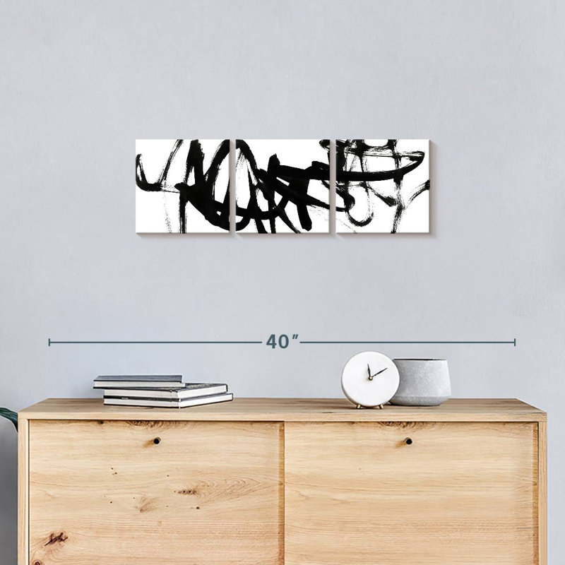 Blanc à noir abstrait V - ensemble panoramique sur toile tendue 3 pièces, H 8 po x l 26 po x P 1 po