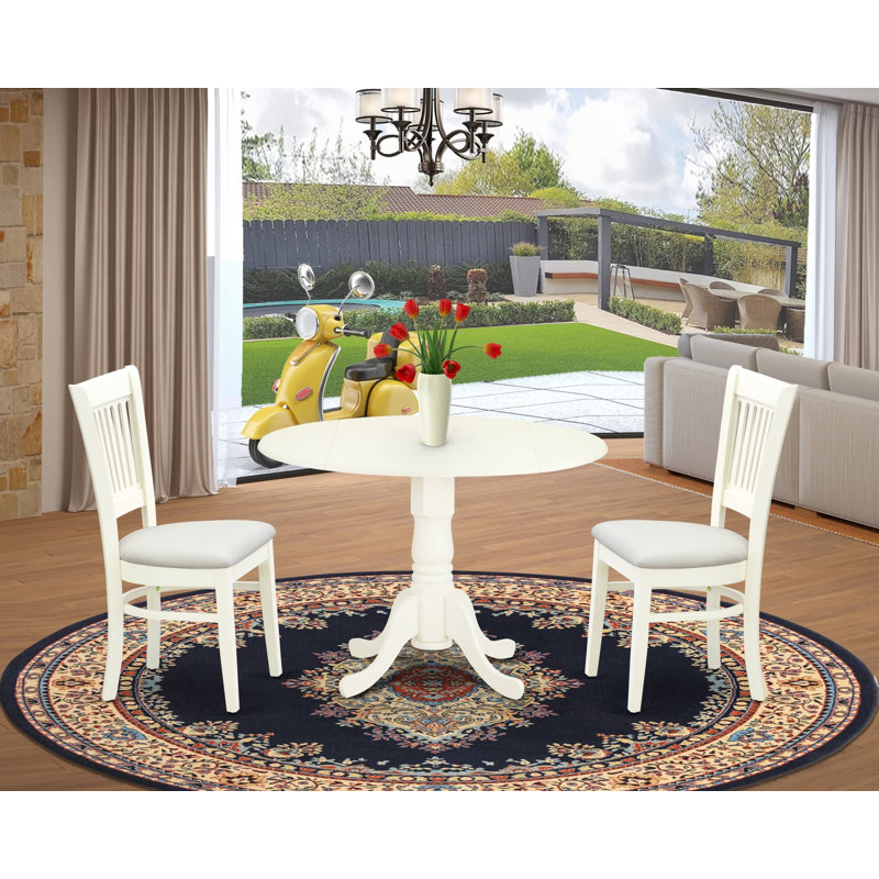 L'ensemble de 3 tables de salle à manger modernes comprend une table ronde en bois avec Dropleaf et 2 chaises de salle à manger rembourrées en tissu de lin, 42 x 42 pouces, blanc lin