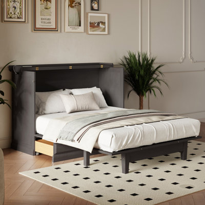 Farmhouse Style Solid Pine Wood Murphy Bed Chest Cube Cabinet Bed With Charging Station And Large Storage Drawer For Home Office Or Small Room,Queen -  Gracie Oaks, 574BAECABF524D7A85C109C8B1FF0404