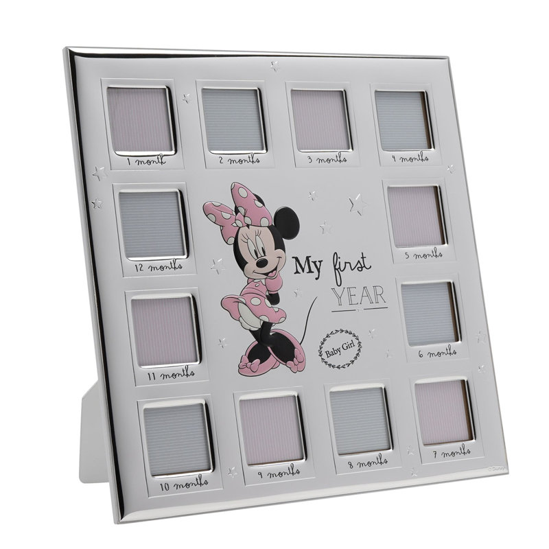 Disney Minnie Mouse 12 Month Multi Aperture Silver Plate Frame With White Wooden Back