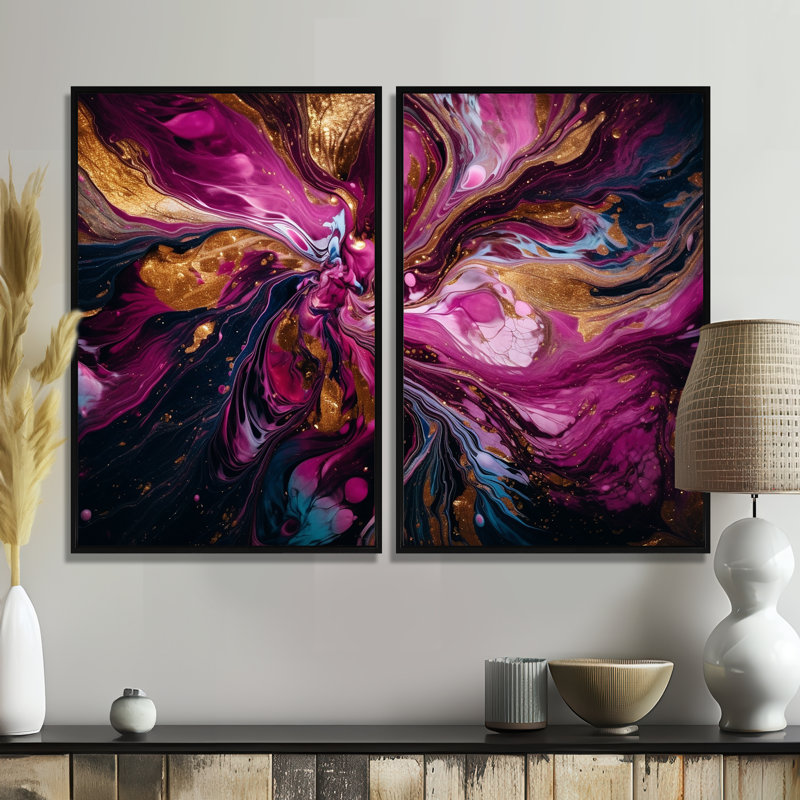 L'essence de la fluidité II - art mural moderne rouge 2 pièces, Impression encadrée flottante, H 36 po x l 48 po, Noir