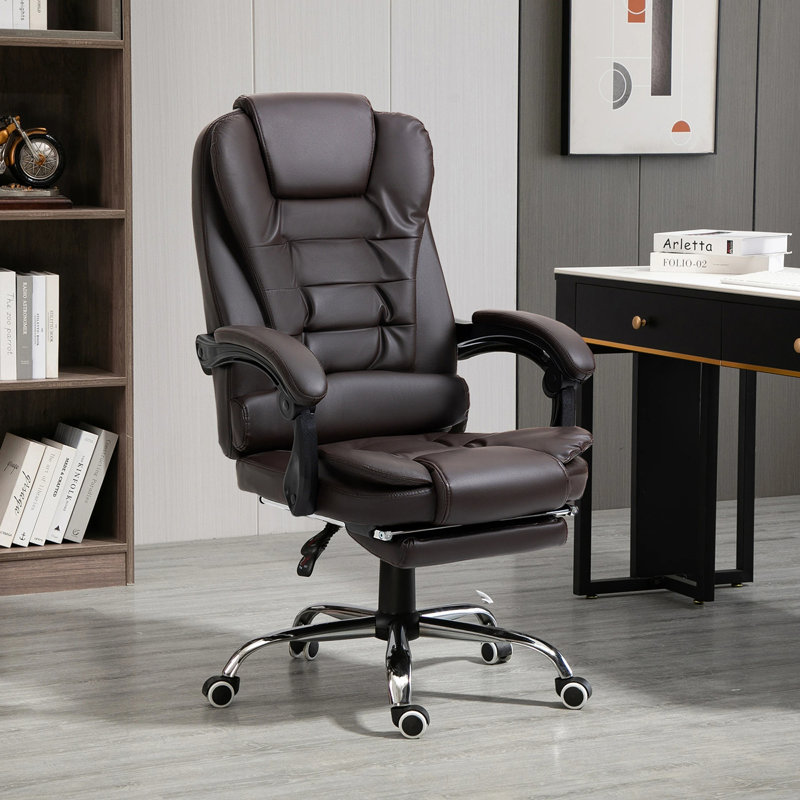 High Back Ergonomic Executive Office Chair, PU Leather Computer Chair with Retractable Footrest, Lumbar Support, Padded Headrest and Armrest, Coffee