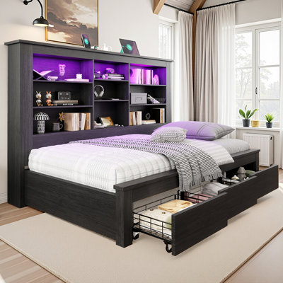Daybed With Led Headboard, Usb Charging Station And 3 Storage Drawers, Rustic Farmhouse Style
