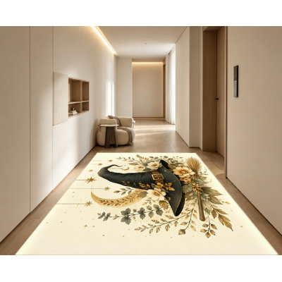 Tapis d'Halloween avec chapeau de sorcière d'Halloween, motif floral aquarelle, tapis antidérapant doux, décoration intérieure artistique pour salon, chambre à coucher, entrée, cuisine, appartement
