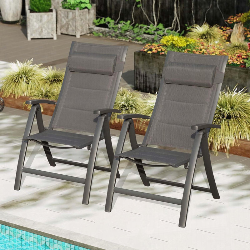Set of 2 Patio Folding Chairs with Adjustable Backrest and Movable Headrest – Padded Textilene Fabric