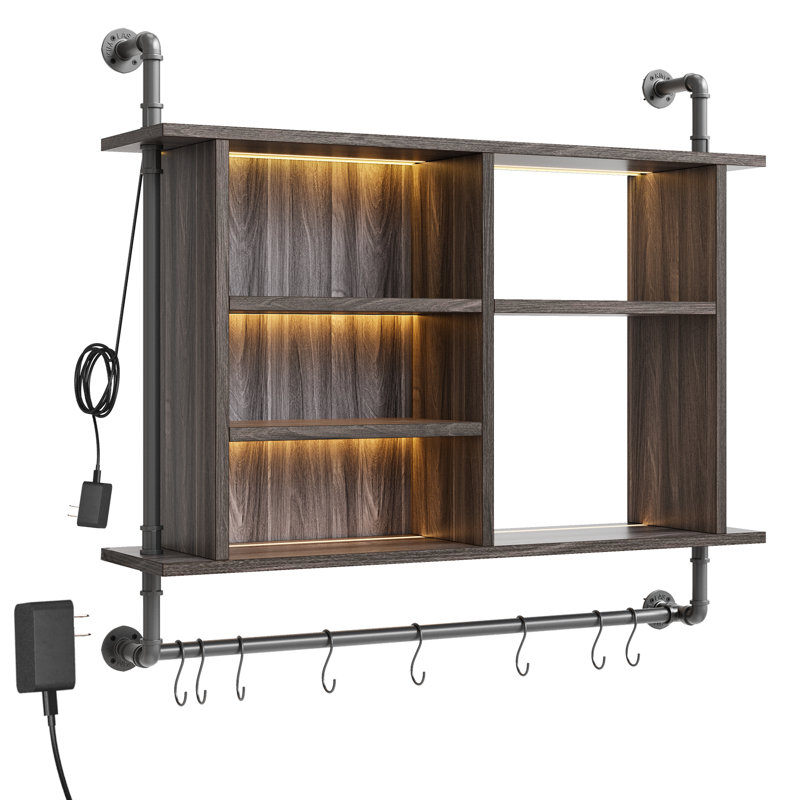 Industrial 4-tier Floating Shelf With Led Lighting, Adjustable Wall Shelves, Dark Gray