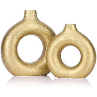 Gold Vase Decor Donut Vase Set Of 2 - Circle Hollow Vases, Modern Matte Ceramic Vases For Entryway Living Room Bedroom Dining Table Centerpiece Office Home Décor