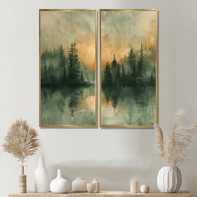 Vert et jaune lever de soleil brouillard dans la forêt III - campagne grand décor mural 2 pièces