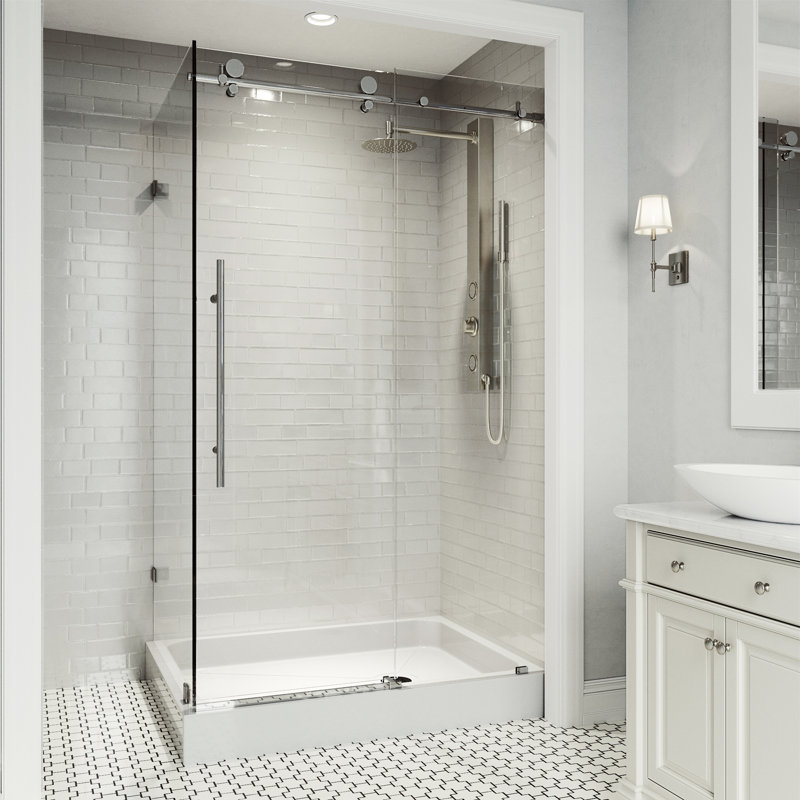 Cabine de douche coulissante sans cadre avec verre transparent de 3/8 po et base Elan classe E 48 po x P 36 po x H 82 po
