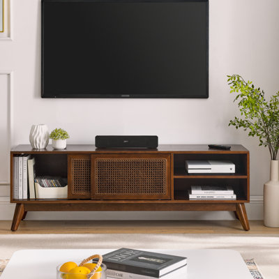 Meuble télé 59 po avec pieds en bois massif - Meuble télé foncé pour téléviseur 65 po avec portes garnies, centre