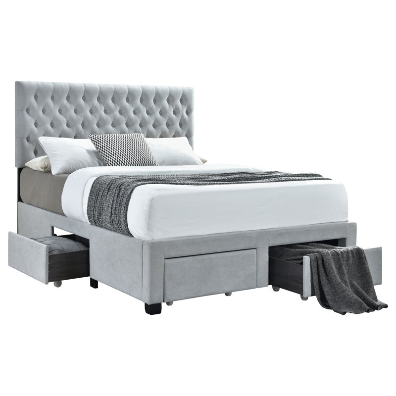 Gray Full Storage Bed with Tufted Upholstery and Drawers