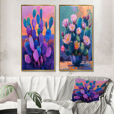 Cactus mauve et bleu, coucher de soleil Vibes I - ensemble de 2 pièces de cactus floral