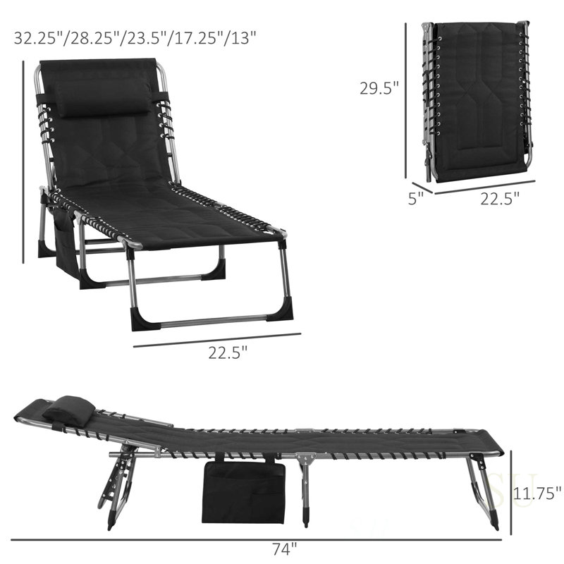 Padded Folding Chaise Lounge Chair, 6-Level Reclining For Ultimate Comfort And Versatility In Outdoor Settings, Black