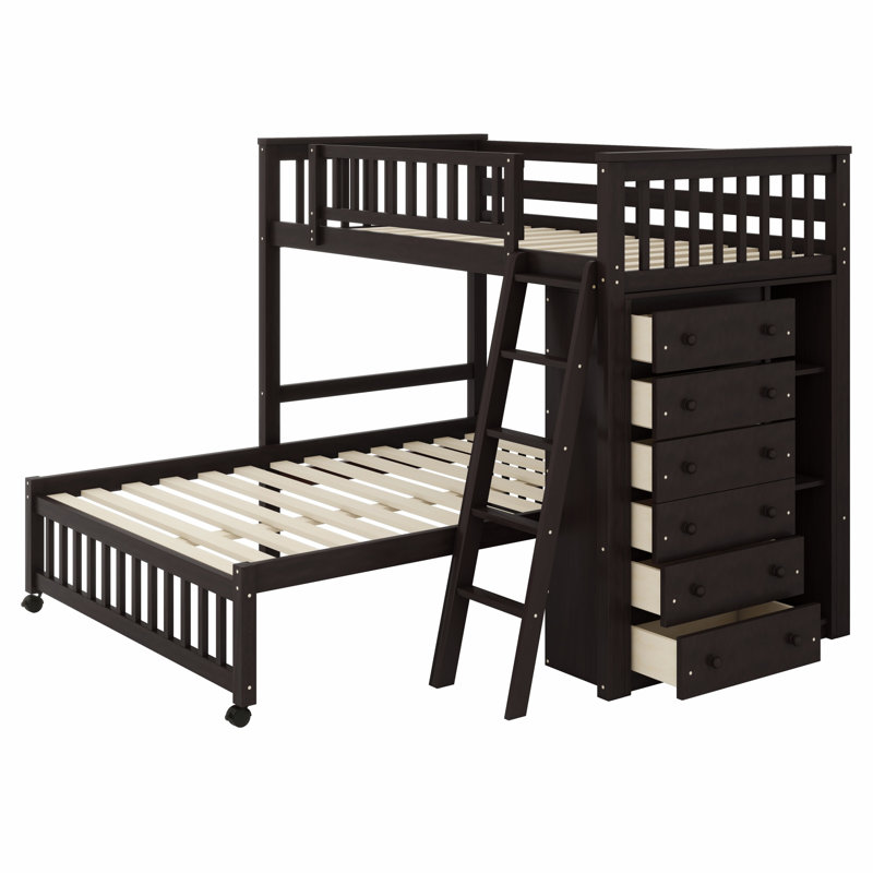 Lit superposé en bois avec 6 tiroirs, tablettes flexibles et lit à roulettes, Espresso
