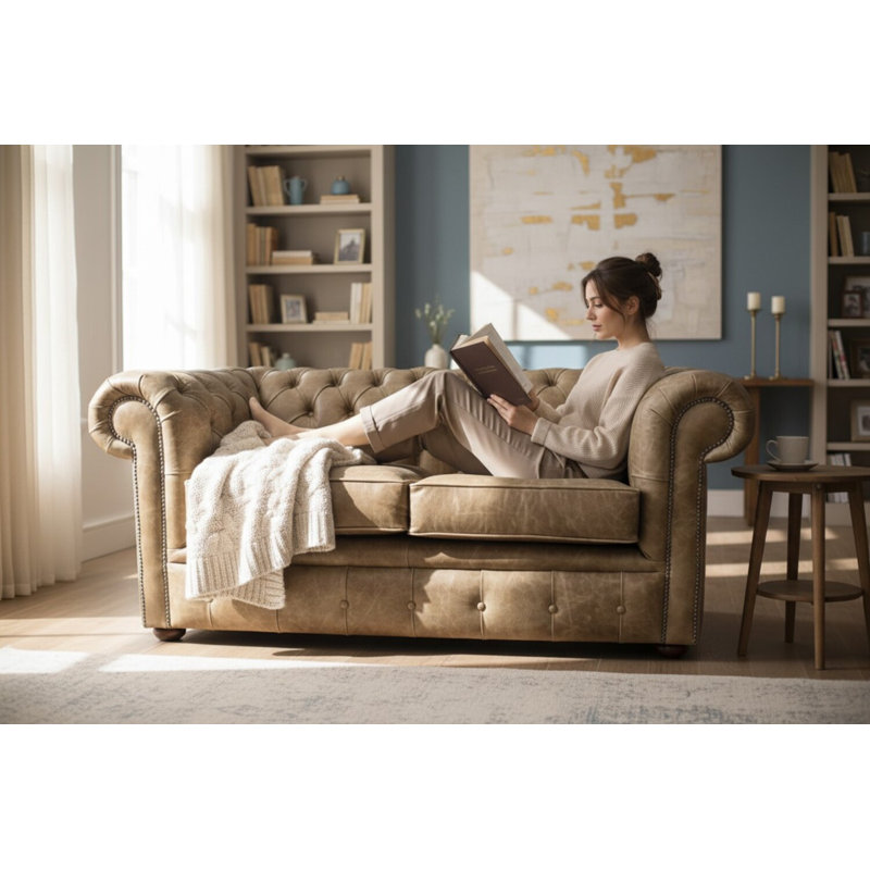 2 Seater Full Grain Leather Sofa, Cracked Wax Tan