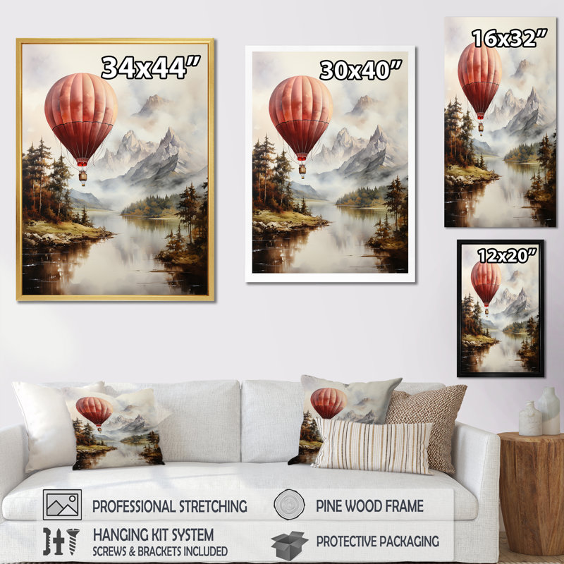 «Mountain View Hot Air Balloon Flight», reproduction d'art sur toile, Cadre photo noir, H 44 po x l 34 po x P 1,5 po