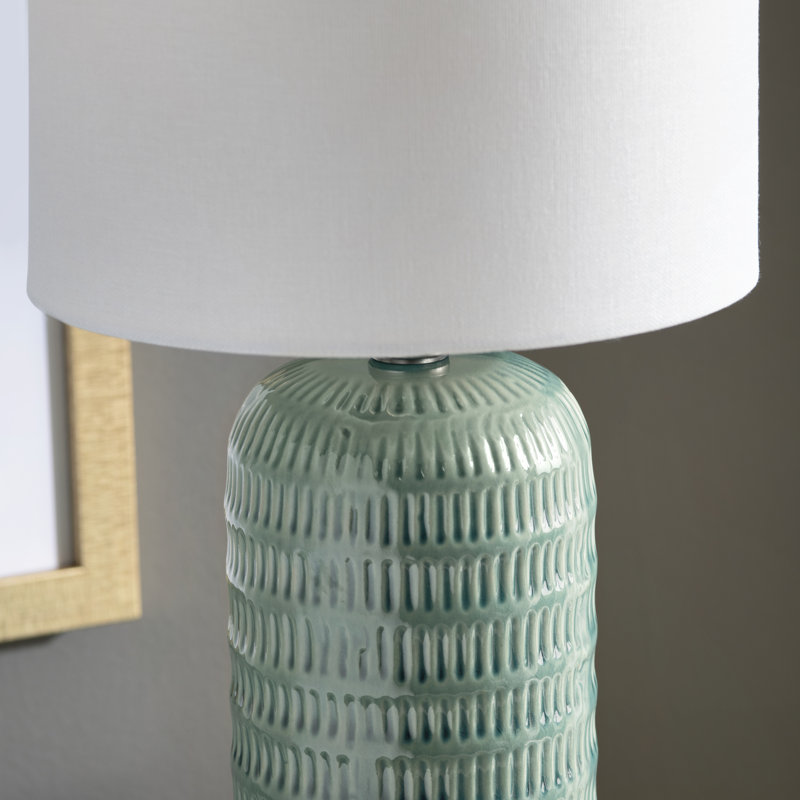 Ensemble de 2 lampes de table en céramique avec abat-jour en lin, Vert, Blanc