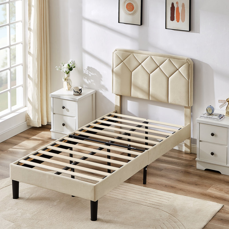 Twin Platform Bed Frame with Velvet Upholstered Headboard and Wooden Slats Support, Mattress Foundation/No Box Spring Needed