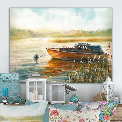 Lonely Boat on the River Shore at Dawn - reproduction d'art sur toile