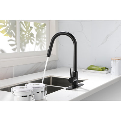 Kitchen Faucet With Pull Down In Matt Black - Stainless Steel Material, 360 Rotating Nozzle, Corrosion And Rust Treatment, Single Handle For Convenient Water Temperature Flow Control Steel, &