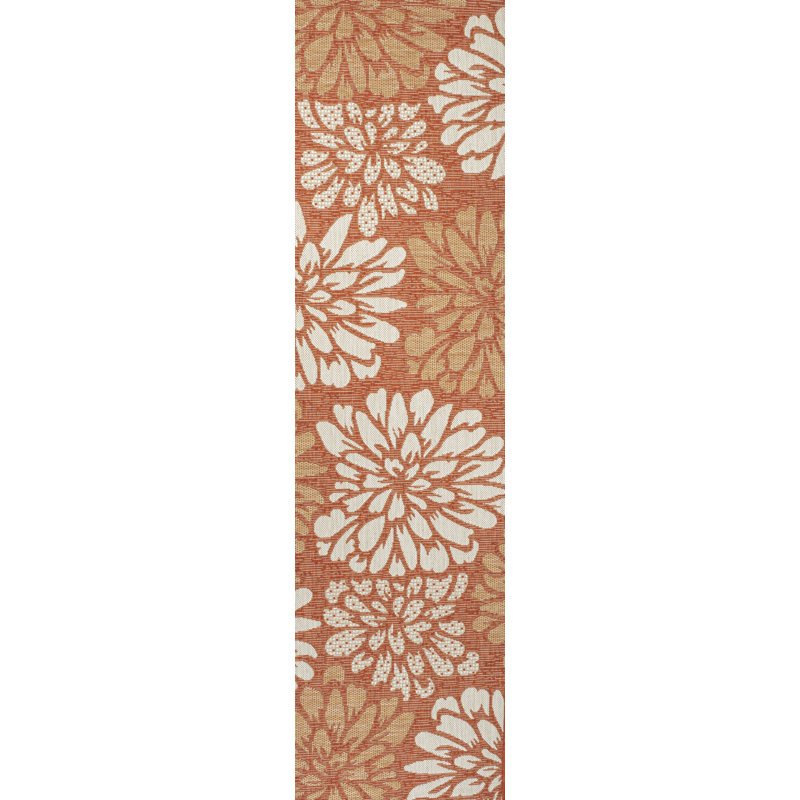 Zinnia Modern Floral Textured Weave Orange/Cream Indoor/Outdoor Rug, Runner 2'2" x 10'