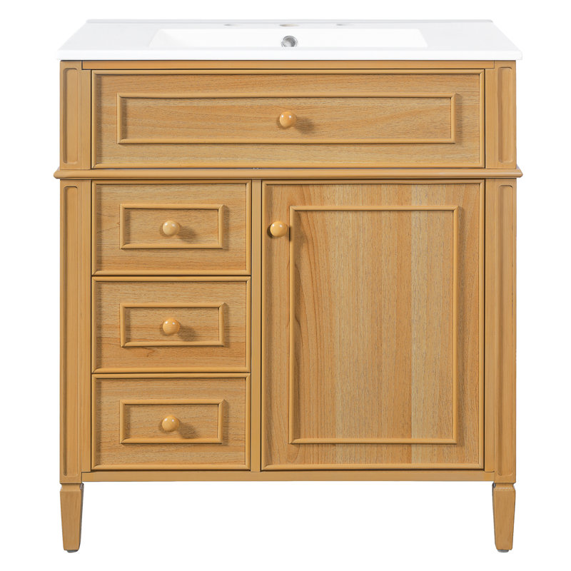 Meuble-lavabo à cadre en bois massif 30 po avec lavabo, armoire de rangement multifonctionnelle avec 3 tiroirs et porte (bois / bois clair)
