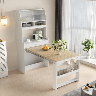 Buffet With Hutch And Foldable Dining Table, Storage Shelves, Side Hooks And A Cabinet With Sliding Doors