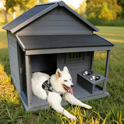 Grande niche pour chien en bois massif 44,2 po x 44,6 po x 44,6 po - Abri d'extérieur résistant aux intempéries avec toit en asphalte, terrasse de 41,3 po et petite porte en bois verrouillable pour chiens jusqu'à 80 lb