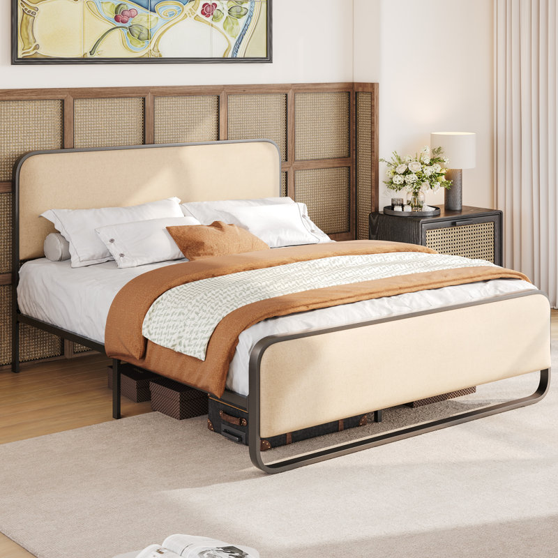 Platform Metal Bed Frame With Curved Upholstered Headboard, Full