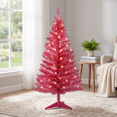 Arbre de Noël artificiel rouge 4 pi avec 50 lumières homologuées UL, 122 pointes en PVC et support stable pour appartements et bureaux
