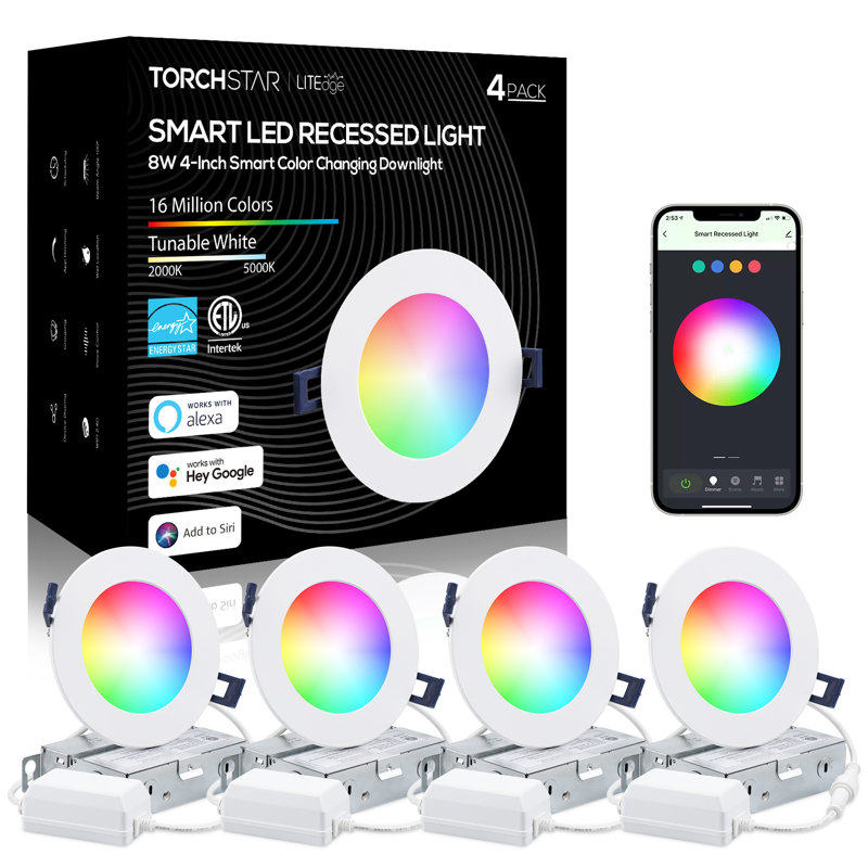 4 Inch Smart Recessed Light, Color Changing Rgbcw, Voice Control