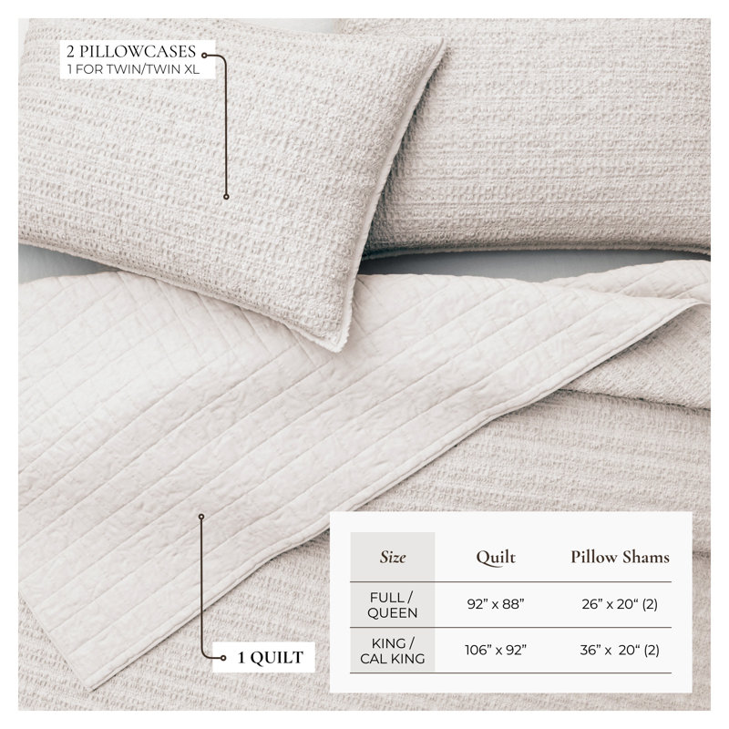 100% Cotton Garment Washed Honeycomb Waffle Quilt and Sham Set, Light Gray, Queen Quilt + 2 Standard Shams