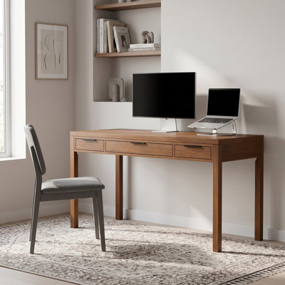 Bureau d'écriture contemporain en bois massif l 60 po avec 2 tiroirs et plateau à clavier rabattable Hollander