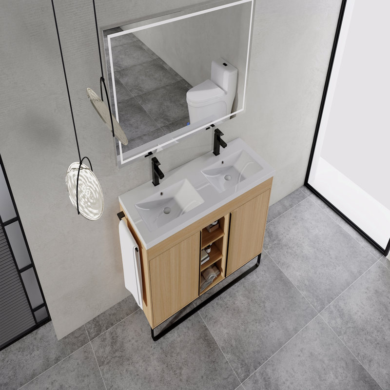 Meuble-lavabo autoportant de 122 cm (48 po) avec lavabo double en résine, 2 portes à fermeture amortie et 3 étagères de rangement ouvertes, emballage démonté, contreplaqué