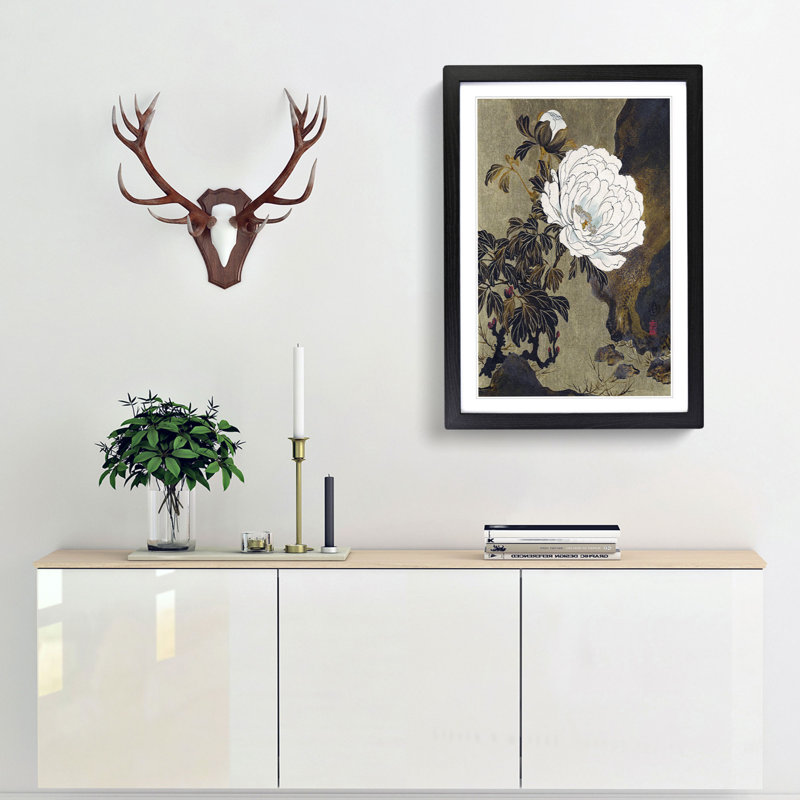A Peony Flower by Shibata Zeshin - Single Picture Frame Painting, 45cm H x 33cm W x 2cm D, Black  Bordered Framed