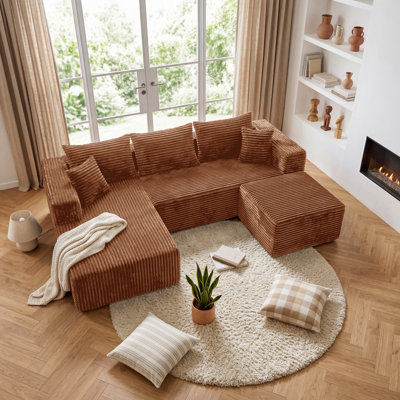 Canapé d'angle en U 3 pièces de 276 cm de large avec 5 coussins, revêtement en flanelle douce et ressorts ensachés, aucun assemblage requis, couleur orange.